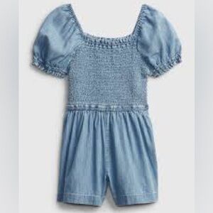 Smocked denim romper